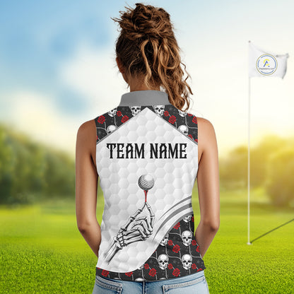 Red Roses Skull Pattern Golf Sleeveless Polo Shirts For Women Custom Bone Hand Golf Team Tournament NYN3254