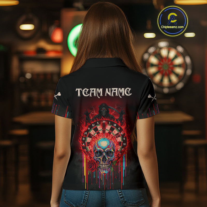 Custom Red Flames Grim Reaper Dartboard Men Darts Polo Shirt Rose Skulls Darts Jersey NYN1975