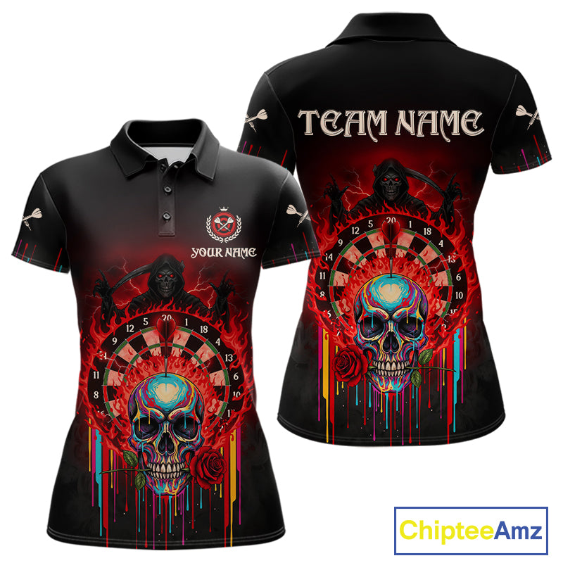 Custom Red Flames Grim Reaper Dartboard Men Darts Polo Shirt Rose Skulls Darts Jersey NYN1975
