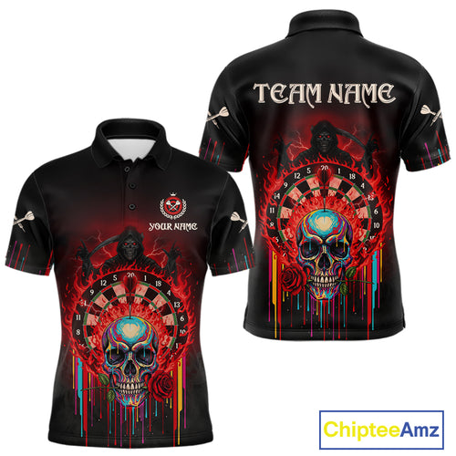 Custom Red Flames Grim Reaper Dartboard Men Darts Polo Shirt Rose Skulls Darts Jersey NYN1975