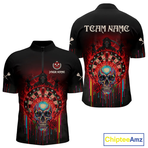Custom Red Flames Grim Reaper Dartboard Men Darts Polo Shirt Rose Skulls Darts Jersey NYN1975