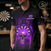 Load image into Gallery viewer, Custom Purple Flames Grim Reaper Dartboard Men Darts Polo Shirt Rose Skulls Darts Jersey NYN1976