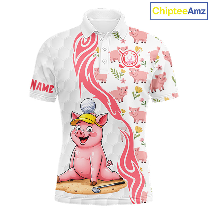 Pink and White Glitter Pig Men's Golf Polo Shirt mockup featuring glitter pig mascot, personalized golf apparel, custom golf team polo, country golf clothing.