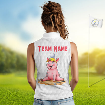 Women's model wearing Glitter Pig Golf Polo Shirt, farmhouse golf apparel, sparkling golf fashion, personalized golf clothing, custom golf team outfit, women's golf lifestyle.