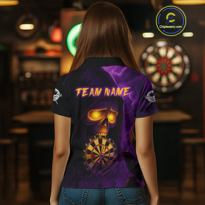 Custom Purple-Yellow Grim Reaper Halloween Women Dart Polo Shirt Dart Tournament Jersey NYN1449