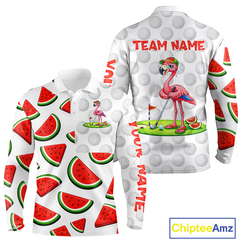 Tired Flamingo Watermelon Pattern Mens Golf Polo Shirts Custom Funny Golfing Flamingo Golf Shirts NYN2882