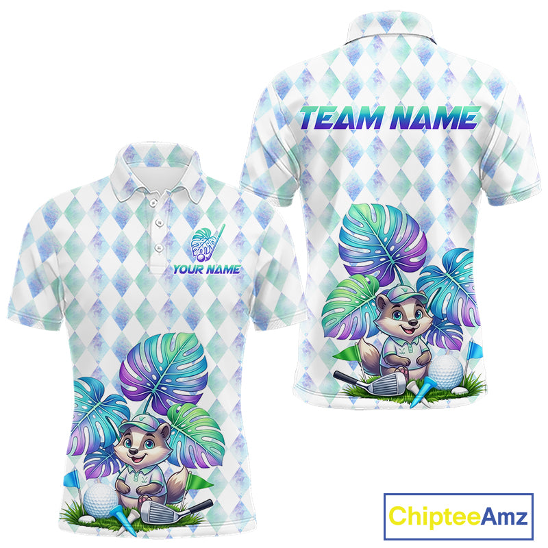 Funny Mens Golf Polo Shirt Holographic Argyle Monstera Golf Ball Personalized Raccoon Golf Shirts NYN3094