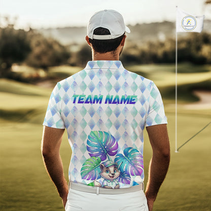 Funny Mens Golf Polo Shirt Holographic Argyle Monstera Golf Ball Personalized Raccoon Golf Shirts NYN3094