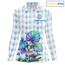 Load image into Gallery viewer, Funny Womens Golf Polo Shirt Holographic Argyle Monstera Golf Ball Personalized Raccoon Golf Shirts NYN3094