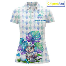 Load image into Gallery viewer, Funny Womens Golf Polo Shirt Holographic Argyle Monstera Golf Ball Personalized Raccoon Golf Shirts NYN3094