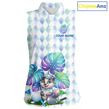 Load image into Gallery viewer, Funny Womens Golf Sleeveless Polo Shirt Holographic Argyle Monstera Golf Ball Personalized Raccoon Golf Shirts NYN3094
