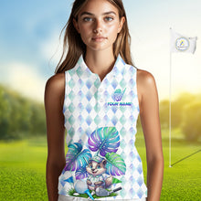 Load image into Gallery viewer, Funny Womens Golf Sleeveless Polo Shirt Holographic Argyle Monstera Golf Ball Personalized Raccoon Golf Shirts NYN3094