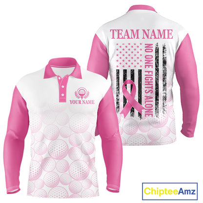 Pink Ribbon Breast Cancer Awareness Mens Polo Shirt Custom US Flag Patriotic Golf Shirt For Men NYN3099