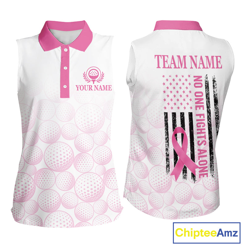 Pink Ribbon Breast Cancer Awareness Womens Sleeveless Polo Shirt Custom US Flag Patriotic Golf Shirt For Women NYN3099