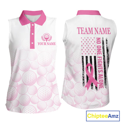 Pink Ribbon Breast Cancer Awareness Womens Sleeveless Polo Shirt Custom US Flag Patriotic Golf Shirt For Women NYN3099