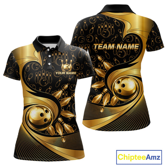 Black And Gold Strikes Bowling Ball & Pins Shirt For Women Custom Bowling Team Attire NYN3275