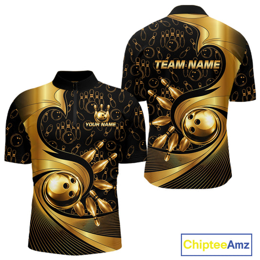 Black And Gold Strikes Bowling Ball & Pins Shirt For Men Custom Bowling Team Attire NYN3275