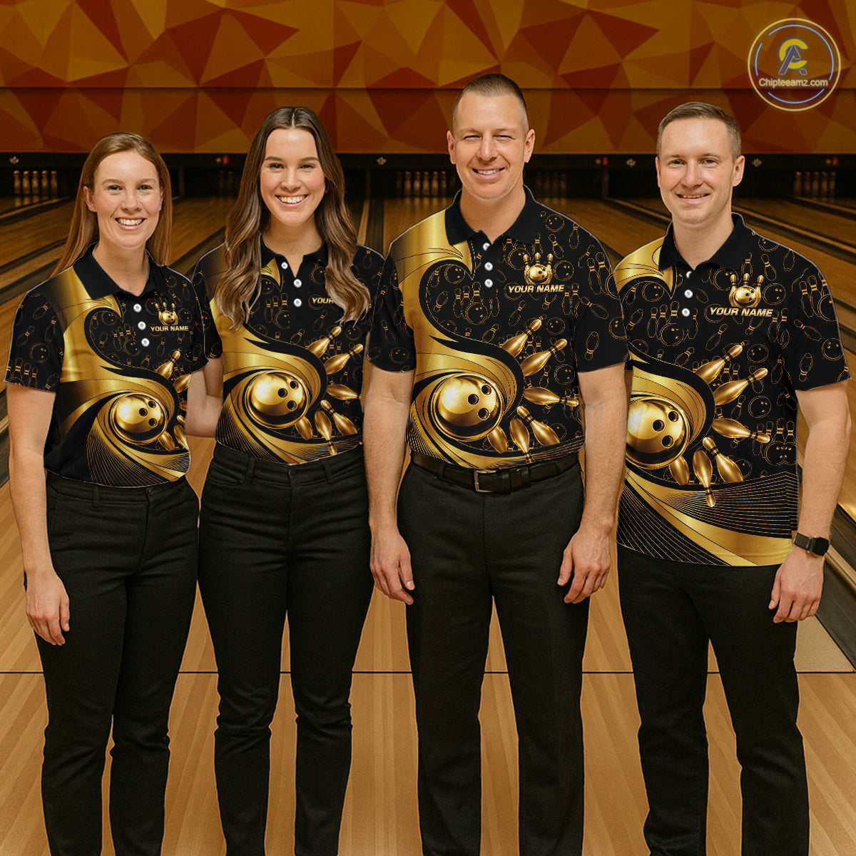 Black And Gold Strikes Bowling Ball & Pins Shirt For Women Custom Bowling Team Attire NYN3275