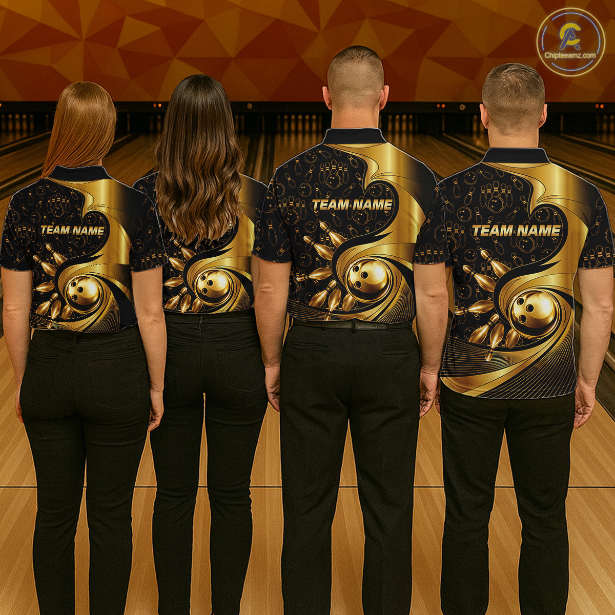 Black And Gold Strikes Bowling Ball & Pins Shirt For Women Custom Bowling Team Attire NYN3275