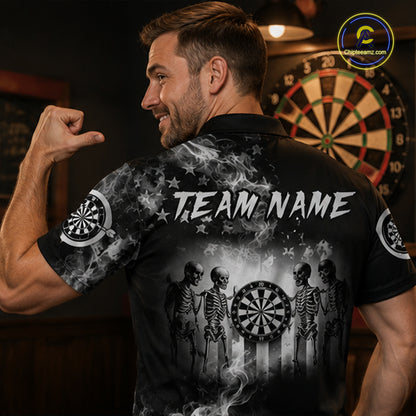 White Smokes American Flag Mens Patriotic Darts Shirt Custom Funny Skeleton Funny Dart Jerseys NYN3564