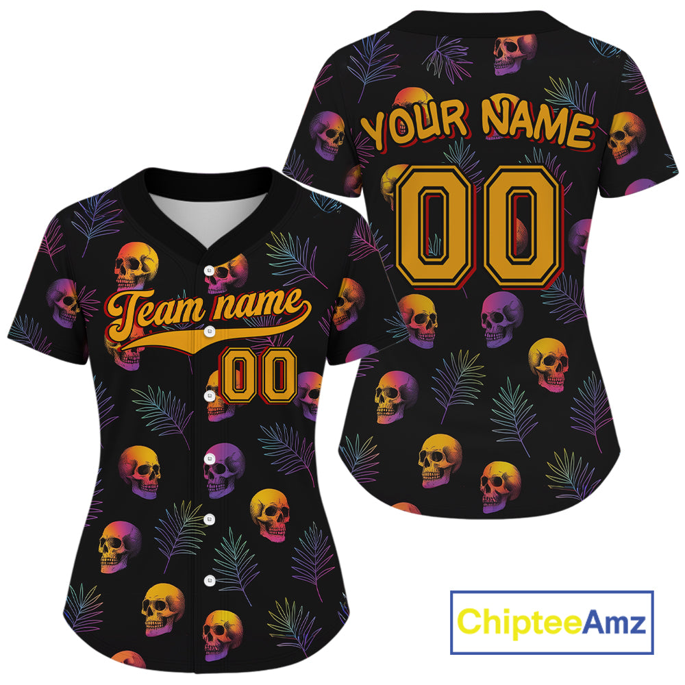 Custom Black And Yellow Skull Baseball Halloween Shirt For Women Skull Baseball Jerseys NYN1468
