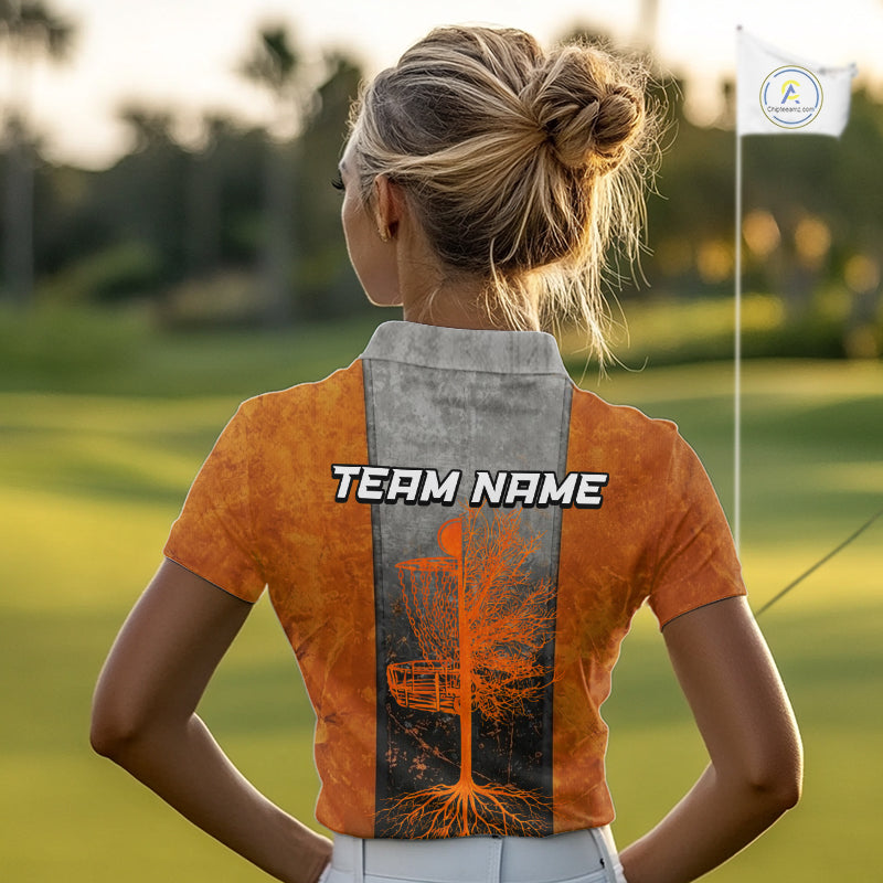 Disc Golf Basket Grunge Orange Womens Disc Golf Polo Shirts Custom Disc Golf Jerseys Team Shirts For Women NYN3112