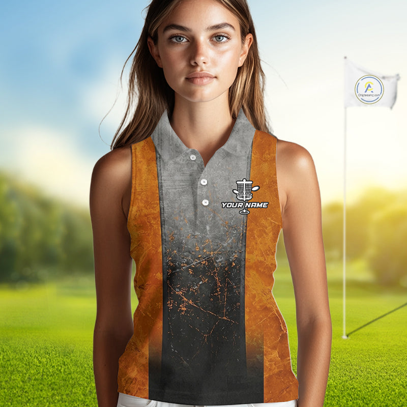 Disc Golf Basket Grunge Orange Womens Disc Golf Sleeveless Polo Shirts Custom Disc Golf Jerseys For Men NYN3112