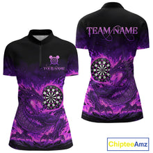 Load image into Gallery viewer, Purple Flaming Dragon Dartboard Women Quarter-Zip Darts Shirt Custom Name &amp; Team Dart Jersey NYN2010