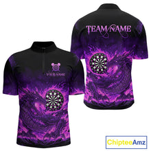 Load image into Gallery viewer, Purple Flaming Dragon Dartboard Men Quarter-Zip Darts Shirt Custom Name &amp; Team Dart Jersey NYN2010