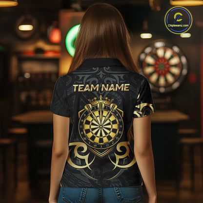 Custom Black And Gold Crown Dartboard Darts Women Polo 14-Zip Shirt, Polynesian Tribal Darts Attire NYN3119