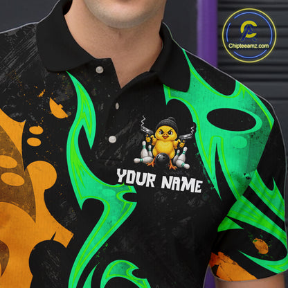Funny Cute Duck Gun Men Bowling Shirt Custom Yellow & Green Grunge Bowling Team Attire NYN3280