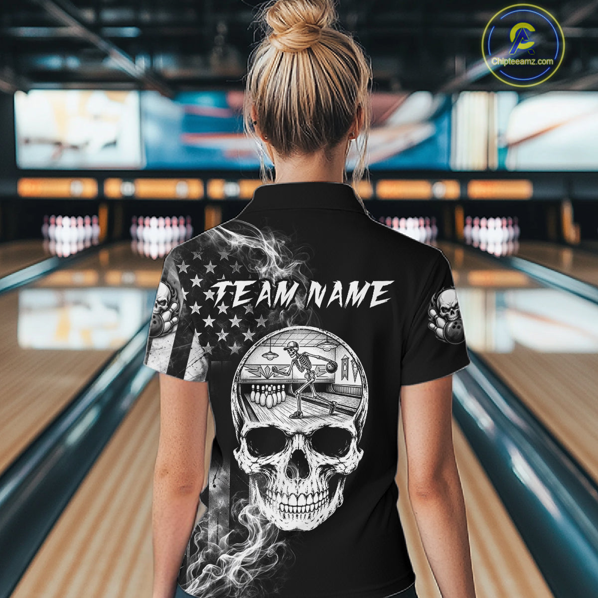 Smoke American Flag Women Bowling Polo 1/4-Zip Shirt Custom Skeleton Youth Bowling Outfits | White NYN3286
