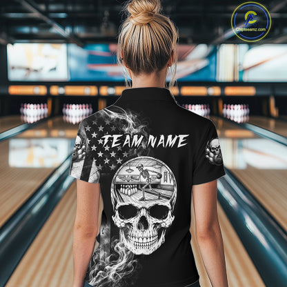 Smoke American Flag Women Bowling Polo 1/4-Zip Shirt Custom Skeleton Youth Bowling Outfits | White NYN3286