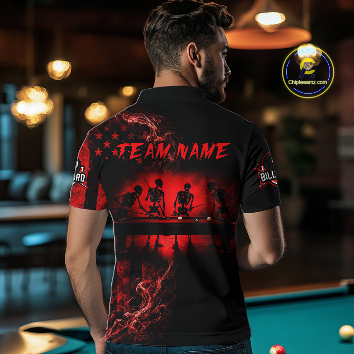 Red Smokes American Flag 8 Ball Billiard Pool Shirt For Men Custom Billiard Skeleton Team Appeal NYN3287