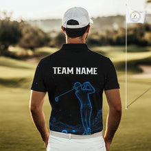 Load image into Gallery viewer, Male golfer wearing personalized black galaxy blue golf polo shirt, custom golf clothing, couples golf outfit