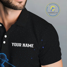 Load image into Gallery viewer, Male golfer wearing personalized black galaxy blue golf polo shirt, custom golf clothing, couples golf outfit