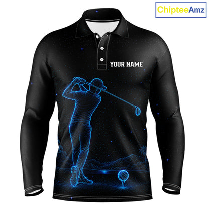Men's personalized black and galaxy blue golf long sleeves polo shirt, matching couples golf shirt, custom golf apparel, men's golf team uniform
