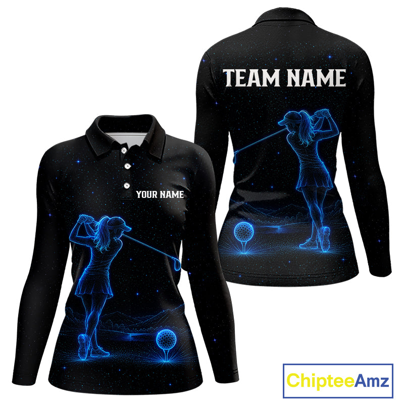 Women's personalized black and galaxy blue golf polo shirt, matching couples golf shirt, custom golf apparel, ladies golf team uniform