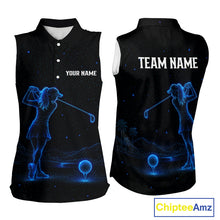 Load image into Gallery viewer, Women's personalized black and galaxy blue golf polo shirt, matching couples golf shirt, custom golf apparel, ladies golf team uniform
