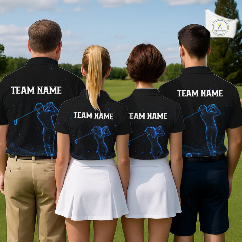 Men women golf team wearing matching galaxy blue golf polo shirts, personalized golf team uniforms, custom golf apparel