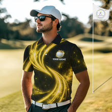 Load image into Gallery viewer, Male golfer wearing galaxy yellow crown golf ball polo shirt, men's golf apparel, tournament golf outfit