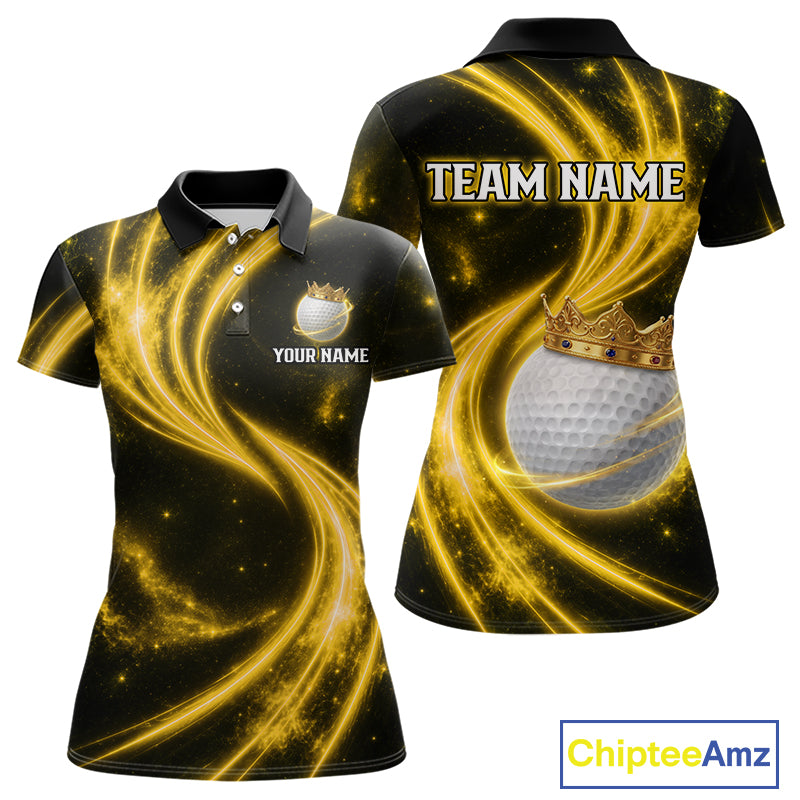 Women's galaxy yellow crown golf ball polo shirt, custom golf apparel, crown golf ball golf shirt, ladies golf clothing