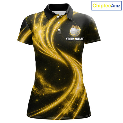 Women's galaxy yellow crown golf ball polo shirt, custom golf apparel, crown golf ball golf shirt, ladies golf clothing