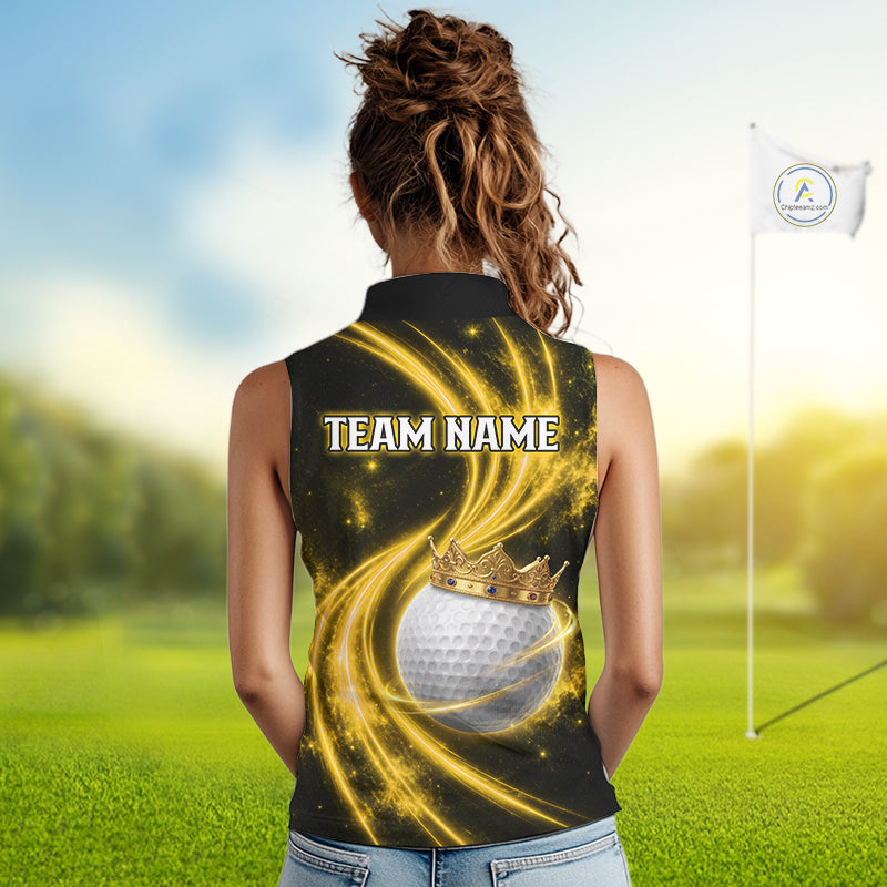 Female golfer wearing galaxy yellow crown golf ball polo shirt, women's golf apparel, tournament golf outfit