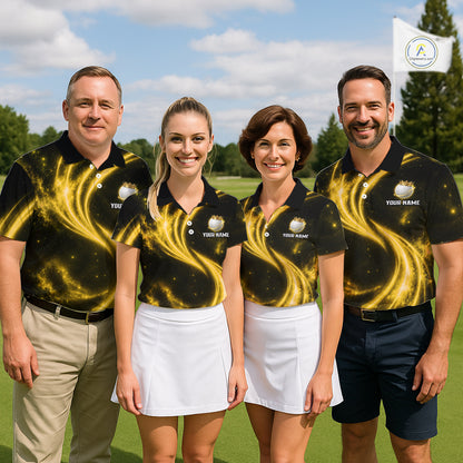 Men women golf team wearing matching galaxy yellow crown golf ball golf polo shirts, custom golf team uniforms, golf tournament apparel