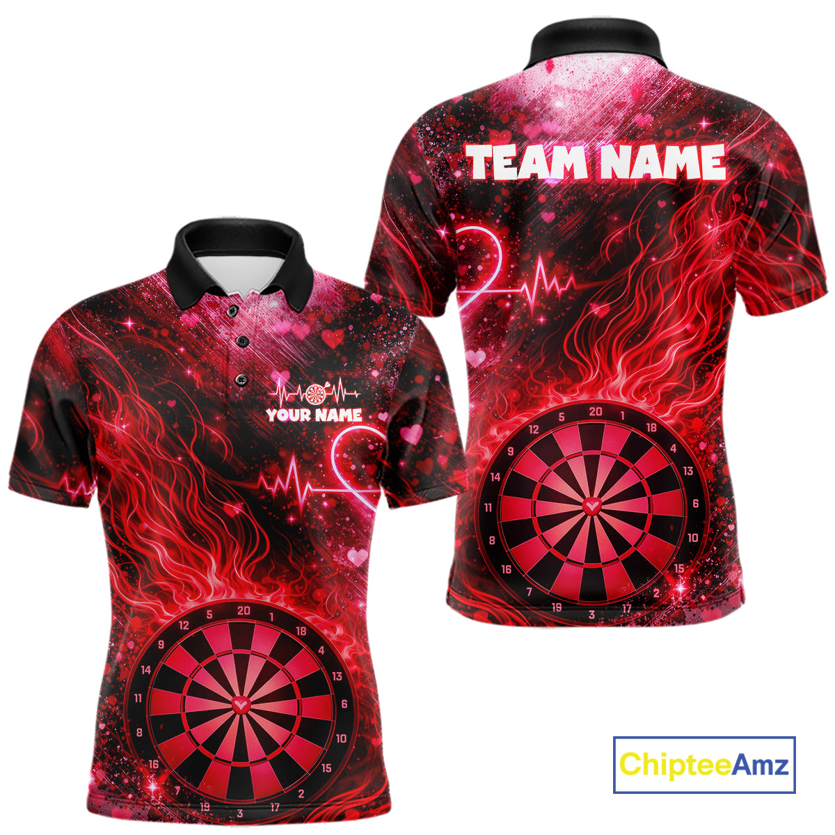 Heart Beat Red Grunge Flame Dartboard Men Darts Valentine Shirt Custom Dart Polo Couple Gifts NYN2535