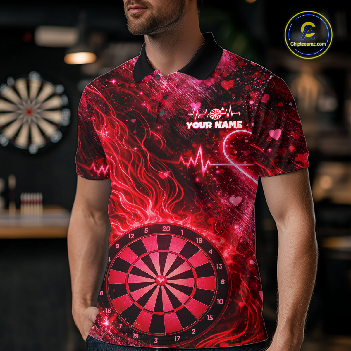 Heart Beat Red Grunge Flame Dartboard Men Darts Valentine Shirt Custom Dart Polo Couple Gifts NYN2535