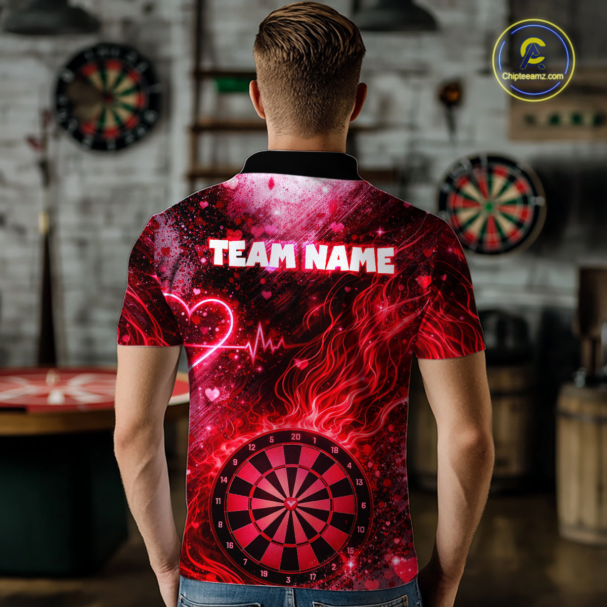 Heart Beat Red Grunge Flame Dartboard Men Darts Valentine Shirt Custom Dart Polo Couple Gifts NYN2535