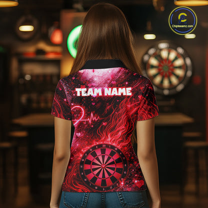 Heart Beat Red Grunge Flame Dartboard Women Darts Valentine Shirt Custom Dart Polo Couple Gifts NYN2535