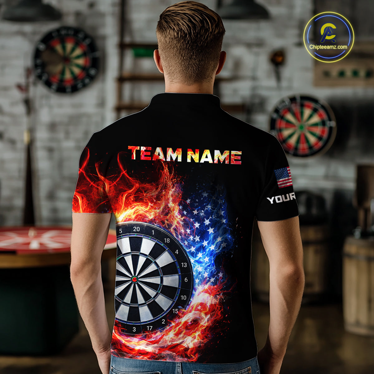 American Flag Fire Flame Smoke Dartboard Men Darts Polo Shirt Custom Dart Team Jersey Gifts NYN2537